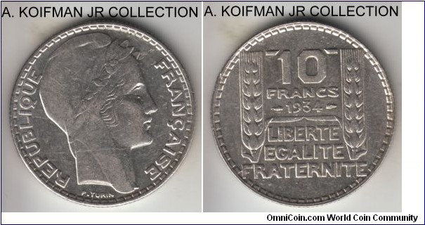 KM-878, 1934 France 10 francs; silver, reeded edge; extra fine details, but most likely cleaned or washed as it is too bright for natural toning.