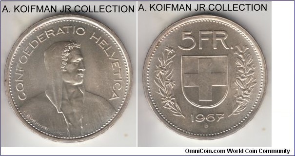 KM-40, 1967 Switzerland 5 francs, Bern mint (B mint mark); silver, raised lettered edge; late circulation silver type, lustrous gem uncirculated.