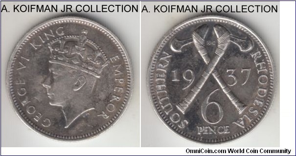 KM-10, 1937 Southern Rhodesia 6 pence; silver, reeded edge; coronation issue for George VI, but design was not good and it was only minted that year, extra fine details for wear, but definitely cleaned.