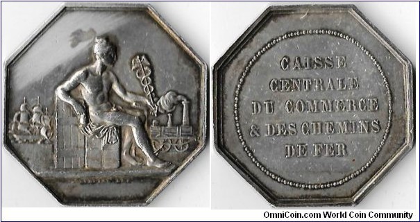 very scarce silver jeton struck for  the `caisse centrale de commerce et des chemins de fer'. Obverse: mercury sitting between a ship and a train.  Someone has tried to `smooth' a planchet flaw out (lamination?) of existence (very amateur attempt ....and criminal damage!)