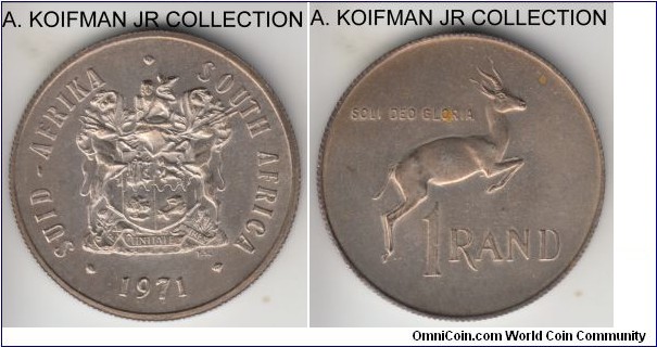 KM-88, 1971 South Africa rand; silver, reeded edge; earlier Republican coinage, only issued in proof and mint sets, mintage 20,000, mint pack toning sharp uncirculated, couple of yellow spots on reverse.