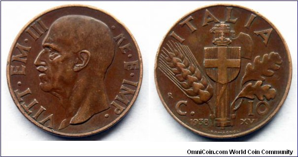 Italy 10 centesimi.
1938, Copper