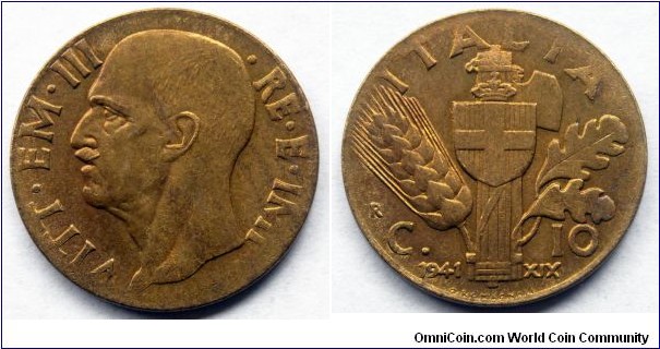 Italy 10 centesimi.
1941, Bronzital (IV)