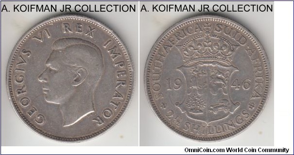 KM-30, 1946 South Africa (Dominion) 2 1/2 shillings; silver, reeded edge; George VI, this scarce coin had mintage of 11,000 in business and 150 in proof, circulated and polished.