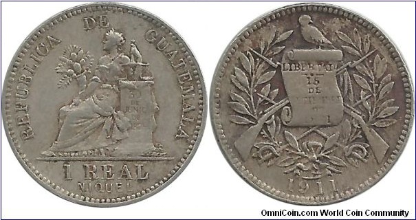 Guatemala 1 Real-Niquel 1911H (I clean this coin)