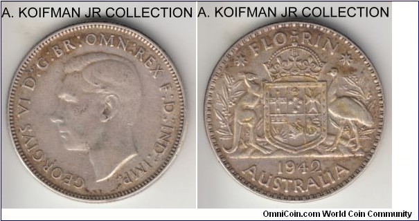 KM-40, 1942 Australia florin, Melbourne mint (no mint mark); silver, reeded edge; George VI war time mintage, average circulated, very fine or about.