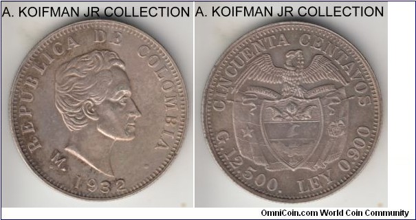 KM-193.2, 1932 Colombia 50 centavos, Medellin mint (M mint mark); silver, reeded edge; relatively large mintage, nicely toned, good extra fine.