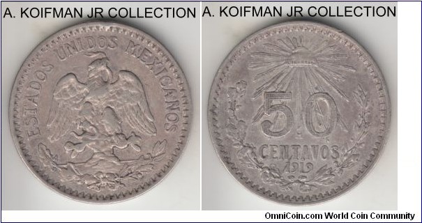 KM-446, 1919 Mexico 50 centavos, Mexico City (M mint mark); silver, lettered edge; no finess 2 year type,  very fine, obverse rim nick.