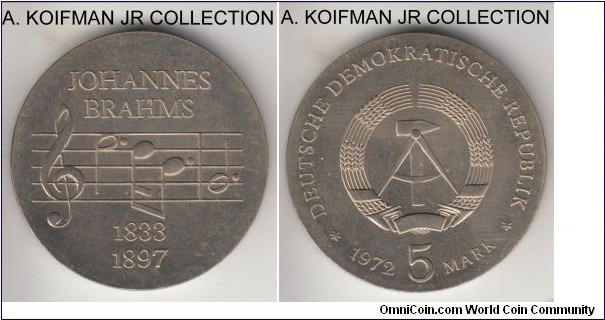 KM-36.1, 1972 Germany (East) 5 mark, Berlin mint (no mint mark); copper-nickel, lettered edge; 75'th anniversary of Johanned Brams death commemorative, mintage 55,000 (per Krause or 100,36 according to Numista) toned uncirculated.