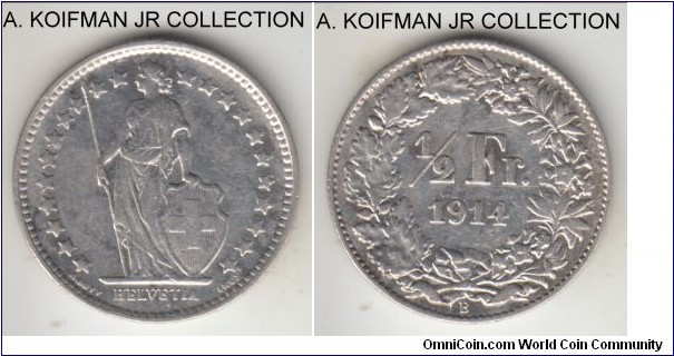 KM-23, 1914 Switzerland 1/2 franc, Berne mint; silver, reeded edge; decent details, may have been cleaned.