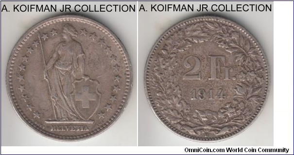 KM-21, 1914 Switzerland 2 francs, Berne mint; silver, reeded edge; darker toned, but nice details, about extra fine.