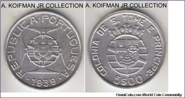 KM-6, 1939 St. Thomas and Principe (Portuguese Colony) 5 escudos; silver, reeded edge; scarcer 2 year type type with mintage of 60,000 that year, good very fine details, cleaned.