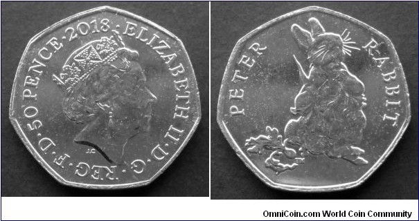 50 pence. 2018, 150th Anniversary of the birth of Beatrix Potter. Peter Rabbit.