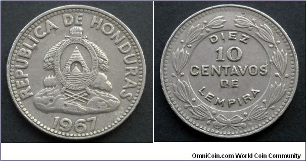 Honduras 10 centavos.
1967, Cu-ni. Weight; 7g. Diameter; 26mm.
