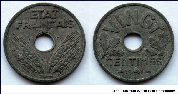 France 20 centimes.
1941, Vichy. Zinc