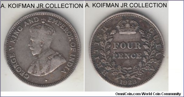 KM-28, 1923 British Guiana 4 pence; silver, reeded edge; George V, scarce type and smallest mintage year of 12,000 very good to fine.