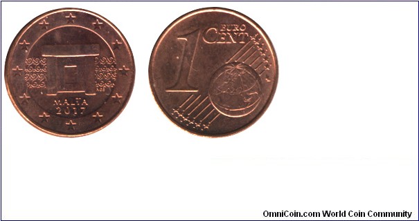 Malta, 1 cent, 2017, Cu-Steel, 16.25mm, 2.30g, Mnajdra temple altar.