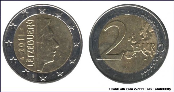Luxembourg, 2 euros, 2011, bi-metallic, Cu-Ni-Ni-Brass, 25.75mm, 8.5g, Grand Duke Henri.