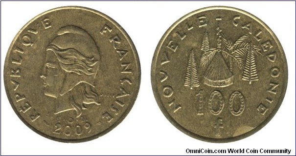 New Caledonia, 100 francs, 2009, Al-Bronze, 30mm, 10g, Hut.