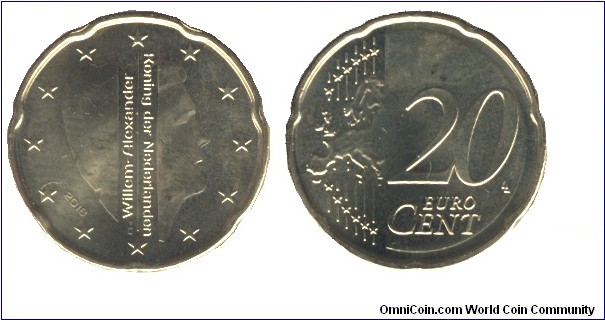 Netherlands, 20 cents, 2018, Cu-Al-Zn-Sn, 22.25mm, 5.74g, King Willem Alexander.