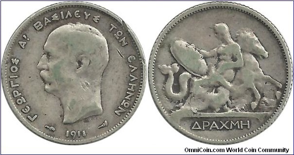Greece-Kingdom 1 Drahmi 1911 (Common year is 1910)