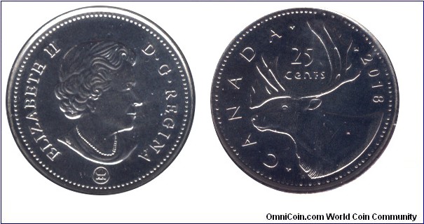 Canada, 25 cents, 2018, Caribou, Queen Elizabeth II.