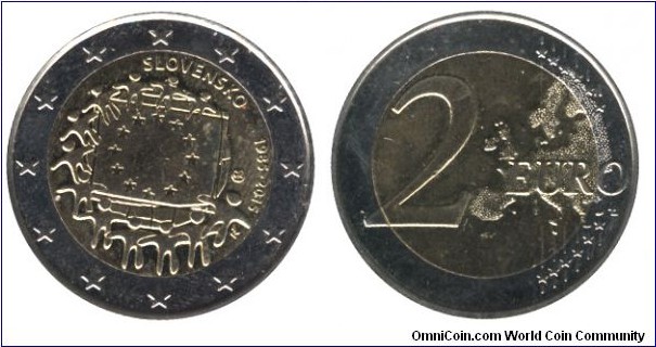 Slovakia, 2 euros, 2015, Cu-Ni-Ni-Brass, bi-metallic, 25.75mm, 8.5g, 1985-2015, 30th Anniversary of European flag.