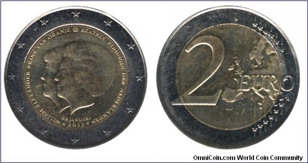 Netherlands, 2 euros, 2013, Cu-Ni-Ni-Brass, bi-metallic, 25.75mm, 8.5g, Abdication of Queen Beatrix.