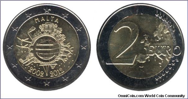 Malta, 2 euros, 2012, Cu-Ni-Ni-Brass, bi-metallic, 25.75mm, 8.5g, 2002-2012, 10th anniversary of euro.