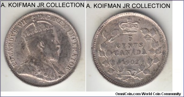 KM-9, 1902 Canada 5 cents, Heaton mint (H mint mark); silver, reeded edge; Edward VII, large H variety, heavier toning in places very fine or about.