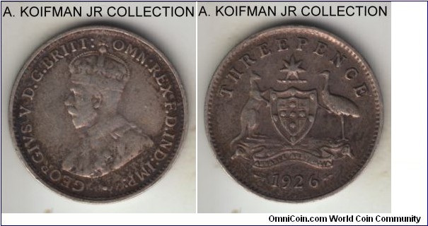 KM-24, 1926 Australia 3 pence; silver, plain edge; George V, dark toned circulated, fine to good fine.