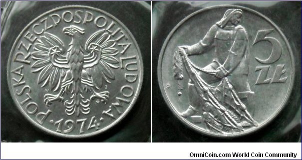 Poland 5 złotych from the official bank set issued in 1975 - Polish aluminum coins.