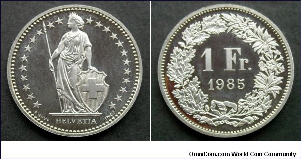 Switzerland 1 franc.
1985, Proof. Mintage: 12.000 pieces.