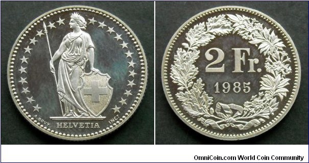 Switzerland 2 francs.
1985, Proof. Mintage: 12.000 pieces.