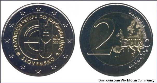Slovakia, 2 euros, 2014, Cu-Ni-Ni-Brass, bi-metallic, 25.75mm, 8.5g, 10 Years of Slovakian Membership in EU.