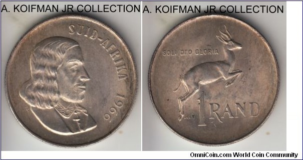 KM-71.2, 1966 South Africa (Republic) rand; silver, reeded edge; early Republican coinnage, SUID AFRICA legend in afrikaans, toned average uncirculated or almost.