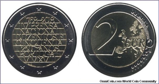 Portugal, 2 euros, 2018, Cu-Ni-Ni-Brass, bi-metallic, 25.75mm, 8.5g, 1768-2018, Imprensa Nacional Casa da Moeda.
