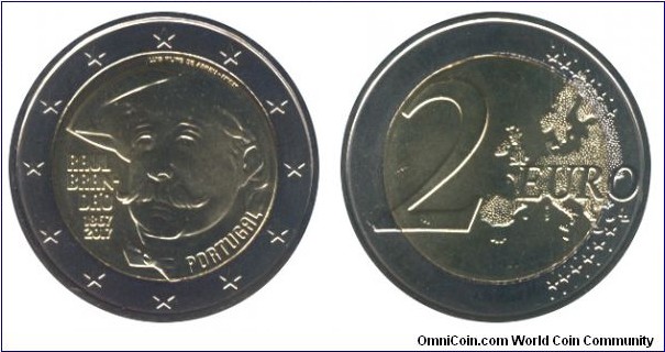 Portugal, 2 euros, 2017, Cu-Ni-Ni-Brass, bi-metallic, 25.75mm, 8.5g, 150 Years of the Birth of Raúl Brandão, writer.