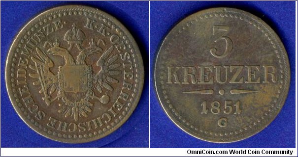 3 kreuzer.
Austrian empire.
Franc Ioseph I (1848-1916).
*G*- Gunzburg mint.

Cu16,4gr. 
