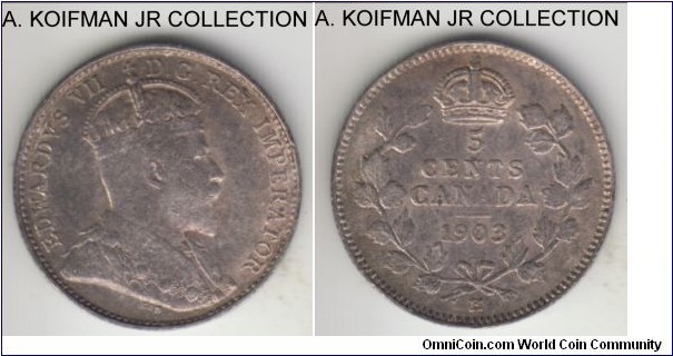 KM-13, 1903 Canada 5 cents, Heaton mint (H mint mark); silver, reeded edge; Edward VII, first year of the type, 21 leaves, naturally toned very fine.