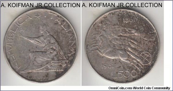 KM-99, 1961 Italy 500 lire, Rome mint(R mint mark); silver, lettered edge; Centennial of the Italy unification circulating commemorative, mottled toning on this very fine coin.