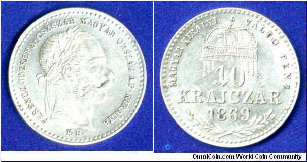 10 krajczar.
Austro-Hungary empire.
The inscription on the reverse *MAGYAR KIRALI - VALTO PENZ*.
Franc Ioseph I (1848-1916).
*KB* - Kremnitz mint.


Ag400f. 1,66gr.