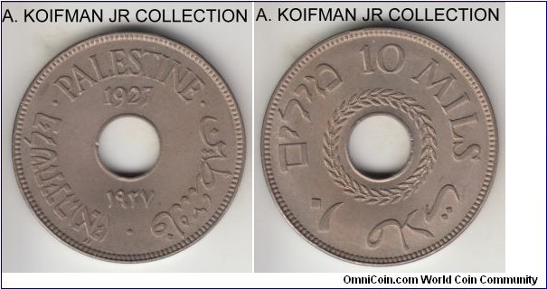 KM-4, 1927 Palestine 10 mils; copper-nickel, plain edge; British mandate period, lightly toned choice uncirculated.