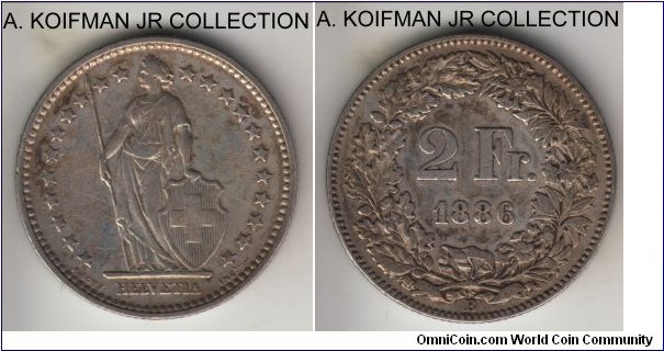 KM-21, 1886 Switzerland 2 francs, Berne mint (B mint mark); silver, reeded edge; earlier mintage of the type, better grade, very fine or almost.