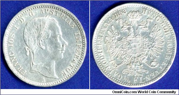 1/4 Florin.
Austrian empire.
Franc Ioseph I (1848-1916).
*A* - Wien mint.


Ag520f. 5,341gr.