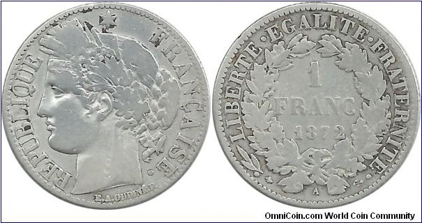 France 1 Franc 1872A Second French Republic (I clean this coin)