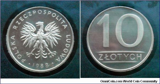 Poland 10 złotych. Proof from 1988 mint set. Mintage: 5.000 pieces.