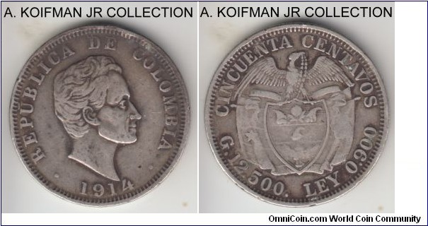 KM-193.2, 1914 olombia 50 centavos, Medellin mint (open 4); silver, reeded edge; circulated, fine to very fone details, cleaned and quite a few rim nicks.