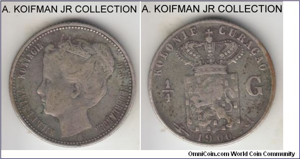 KM-35, 1900 Curacao 1/4 gulden, Utrecht mint; silver, reeded edge; Wilhelmina I, scarcer one year type, usual well circulated condition, fine or about.