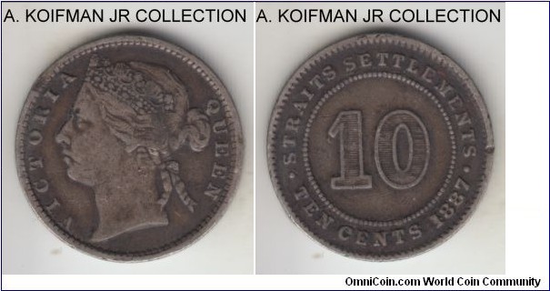 KM-11, 1887 Straits Settlements 10 cents; silver, reeded edge; Victoria, good fine to about very fine, dark toned.